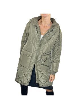 Ashley khaki green oversized quilted hooded minimalist puffer coat jacket S
